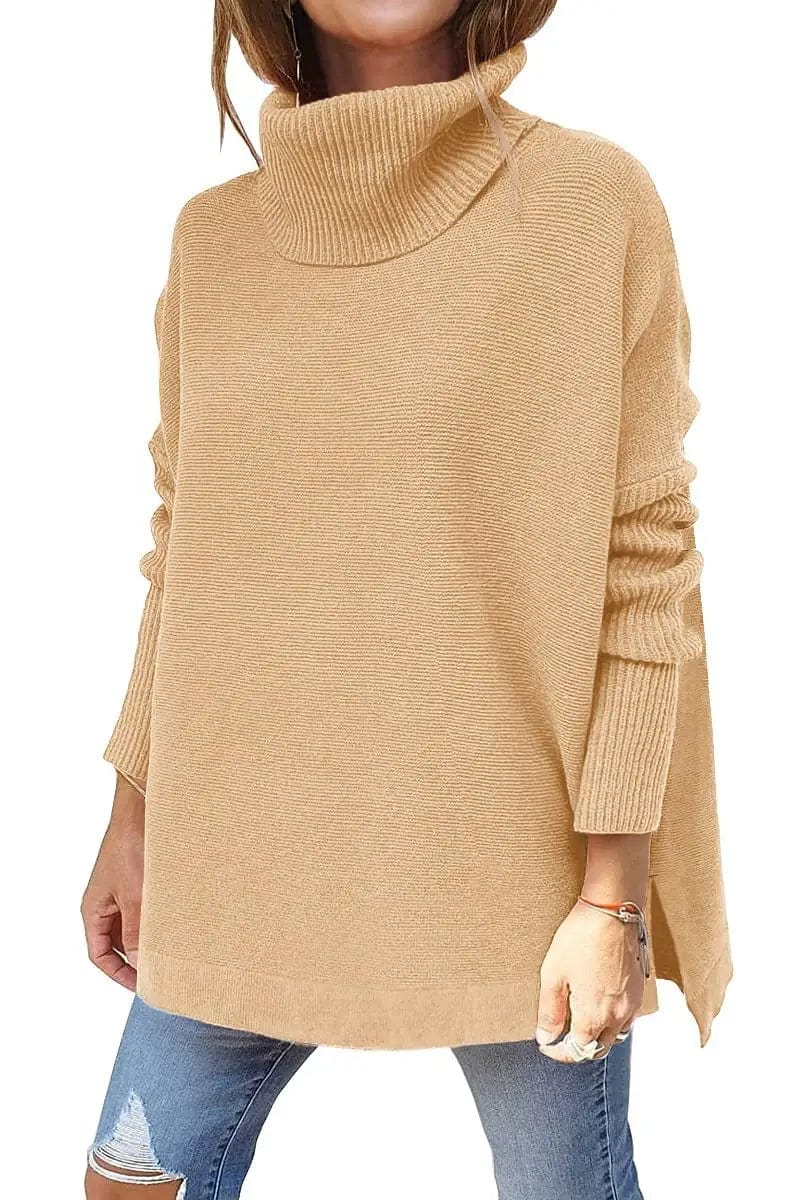 Cheky Khaki / S Turtleneck Sweater Mid Length Batwing Sleeve Slit Hem Tunic Pullover Sweaters Winter Tops Women Clothing