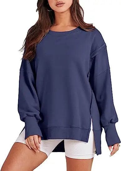 Cheky Navy Blue / S Solid Oversized Sweatshirt Crew Neck Long Sleeve Pullover Hoodies Tops Fashion Fall Women Clothes