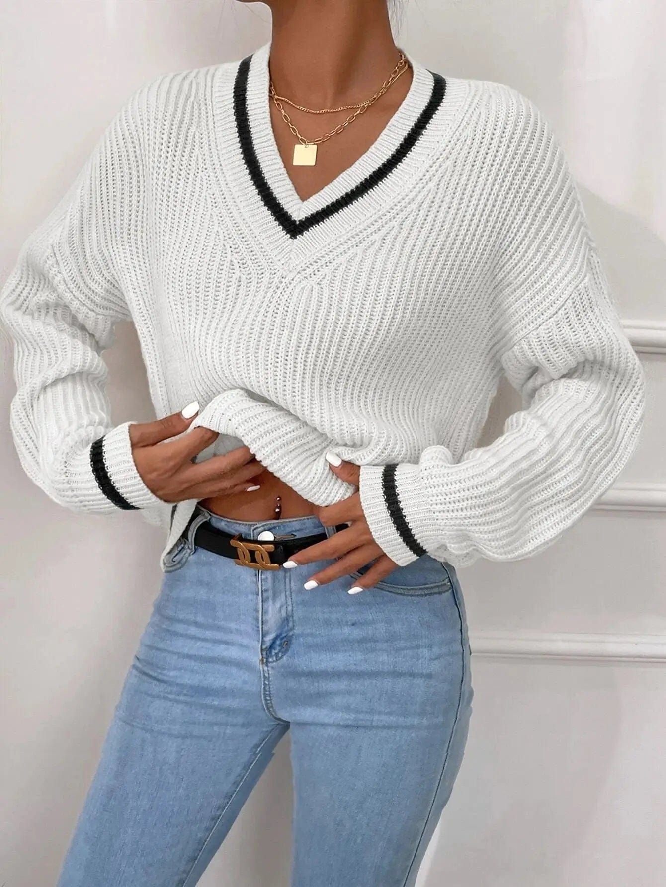 Cheky White / S Women's Clothes Cable Knit V Neck Sweaters Casual Long Sleeve Striped Pullover Sweater Trendy Loose Preppy Jumper Top