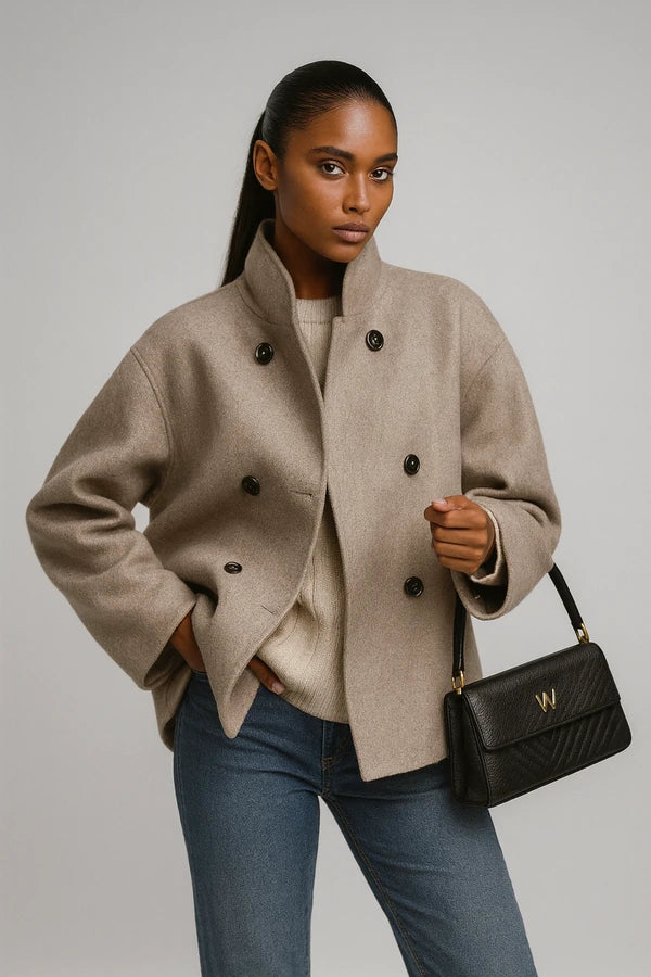 Classic beige wool coat with double-breasted buttons for women