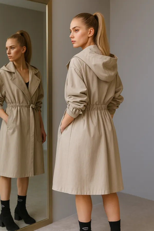 Beige hooded trench coat for women - casual belted outerwear with relaxed fit