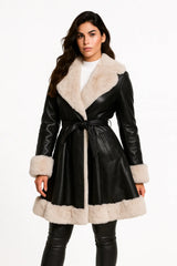 Women’s black faux leather coat with beige faux fur collar – elegant belted winter jacket for chic cold-weather outfits