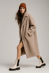 Oversized teddy coat for women - cozy beige faux shearling longline outerwear