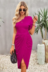 Devine Ruched One-Shoulder Tulip Hem Dress-Deep Rose-5