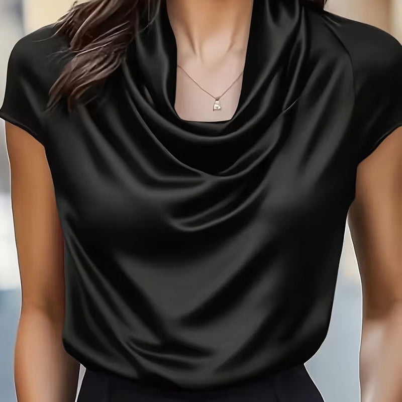 Shiny Cowl Neck Ruched Blouse