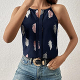 Women’s Feather Print Notch V-Neck Camisole Vest | Versatile and Stylish