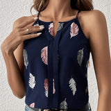 Women’s Feather Print Notch V-Neck Camisole Vest | Versatile and Stylish