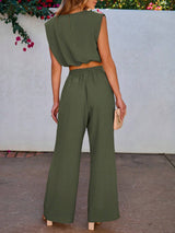 Women Solid Color Sleeveless Top And Long Pants 2-Piece Set For Vacation