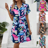 Lovemi -  New Floral Print Short Sleeve Shirt Dress Summer Fashion Lapel Loose A-line Dresses For Womens Clothing