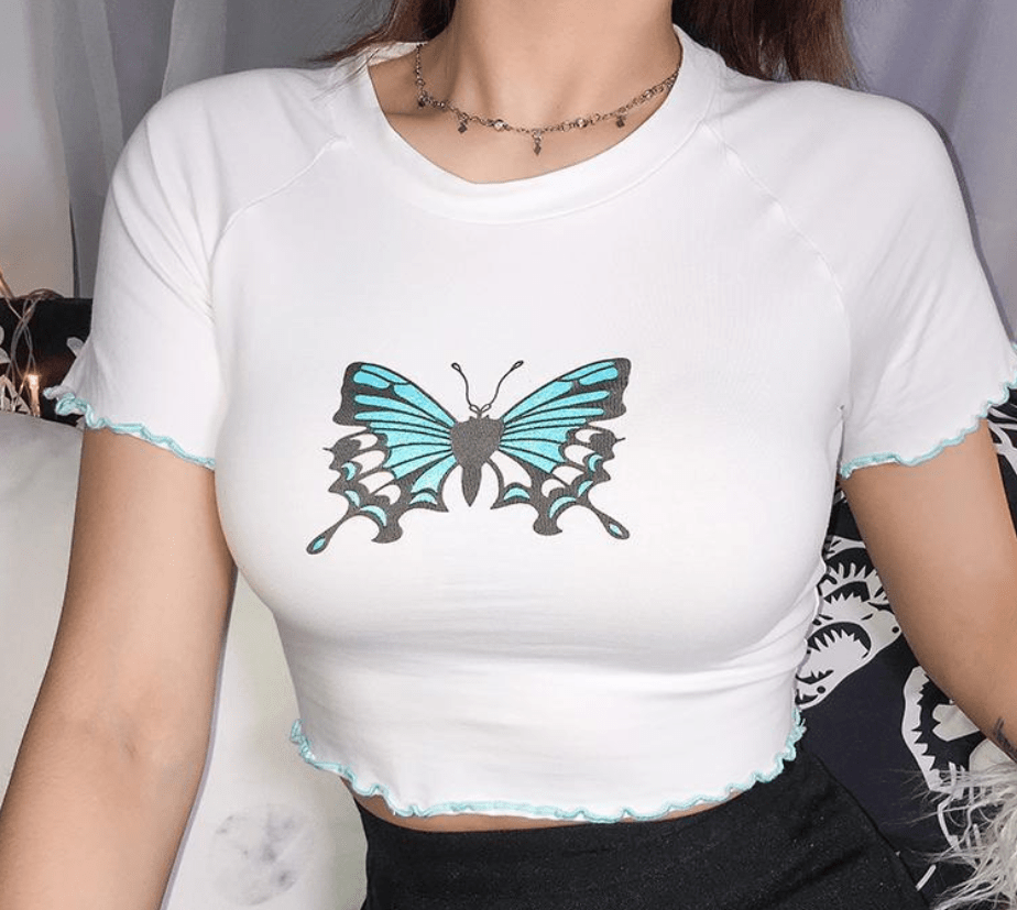 Eastpak top White / L Navel tight wavy sexy T-shirt female round neck print top