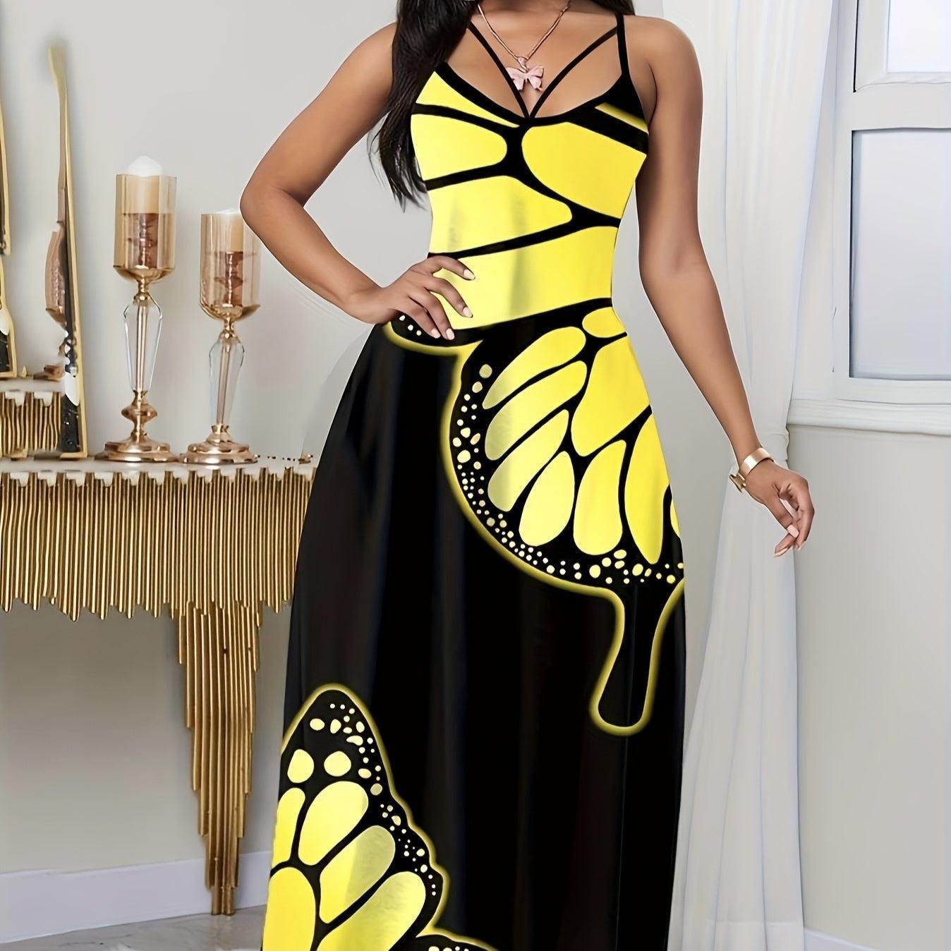 Ladies' V-Neck Elegant Butterfly Print Maxi Dress – Stylish and Comfortable Black Long Skirt Dress