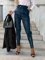 Pantalon en cuir ajusté à la mode pour femmes, pantalon Design à fermeture éclair cintré à la taille avec poches