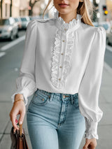 Fashionable Stand-Up Collar Long-Sleeved Shirt with Lotus Leaf Hem | Elegant & Unique