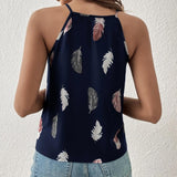Women’s Feather Print Notch V-Neck Camisole Vest | Versatile and Stylish