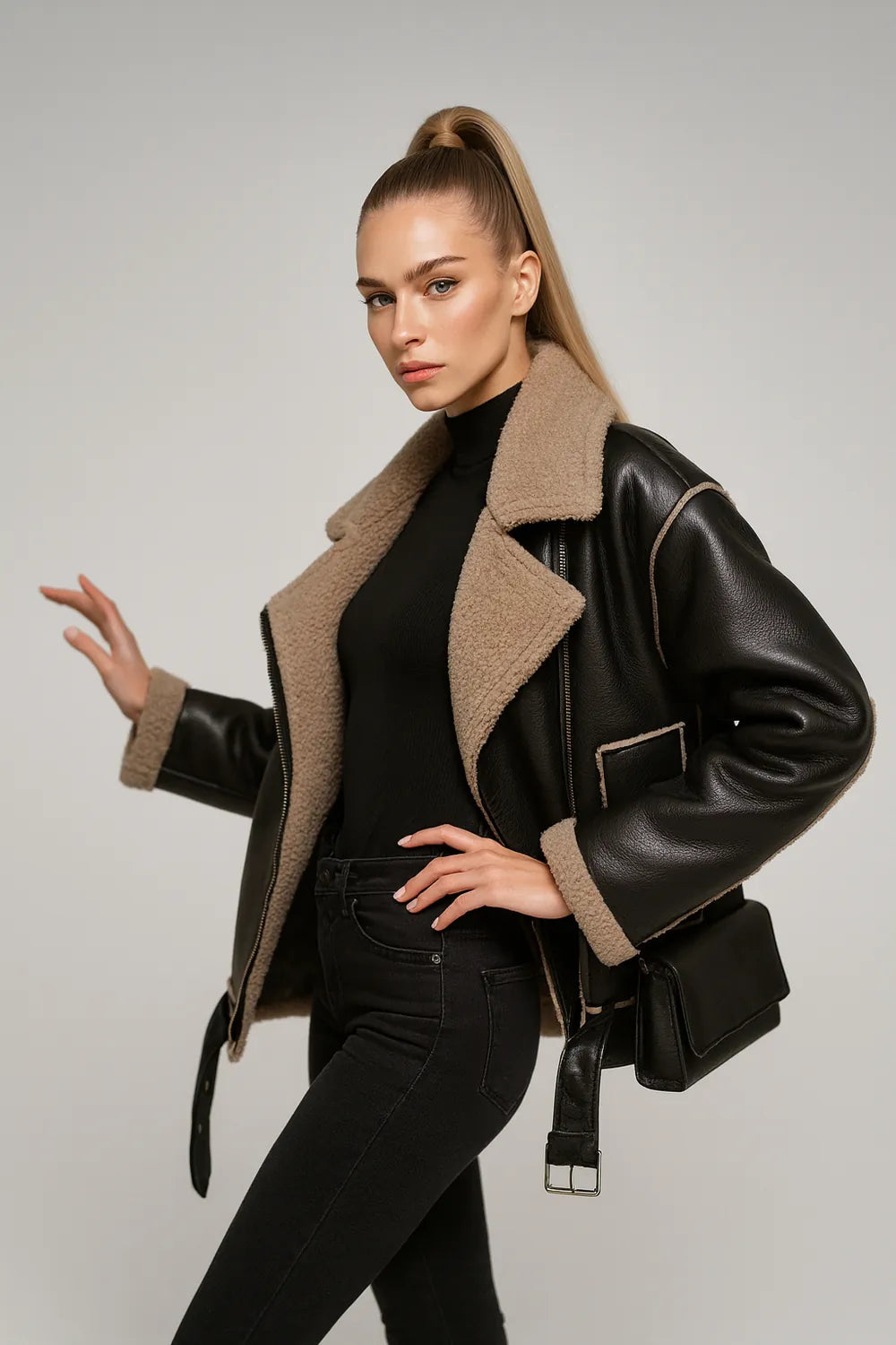 Women's black faux leather shearling jacket with oversized collar – cozy winter outerwear