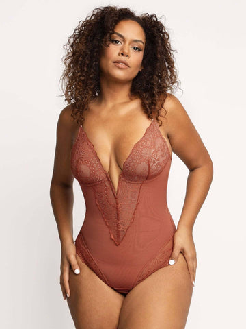 Lace Shapewear Women's Jumpsuit Waist Control Body Shaping-Brown Red-4