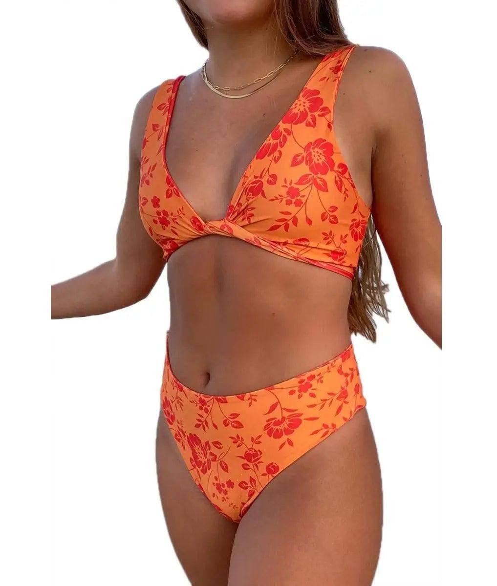 Ladies Fashion Cutout Lace-Up Halter Swimsuit-Orange-2