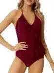 Ladies Fashion Cutout Lace-Up Halter Swimsuit-Red-1