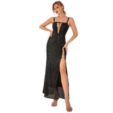 LOVEMI  0 Elegant Elegant Hollow Out High Slit Sequin Sling Evening Party Dress