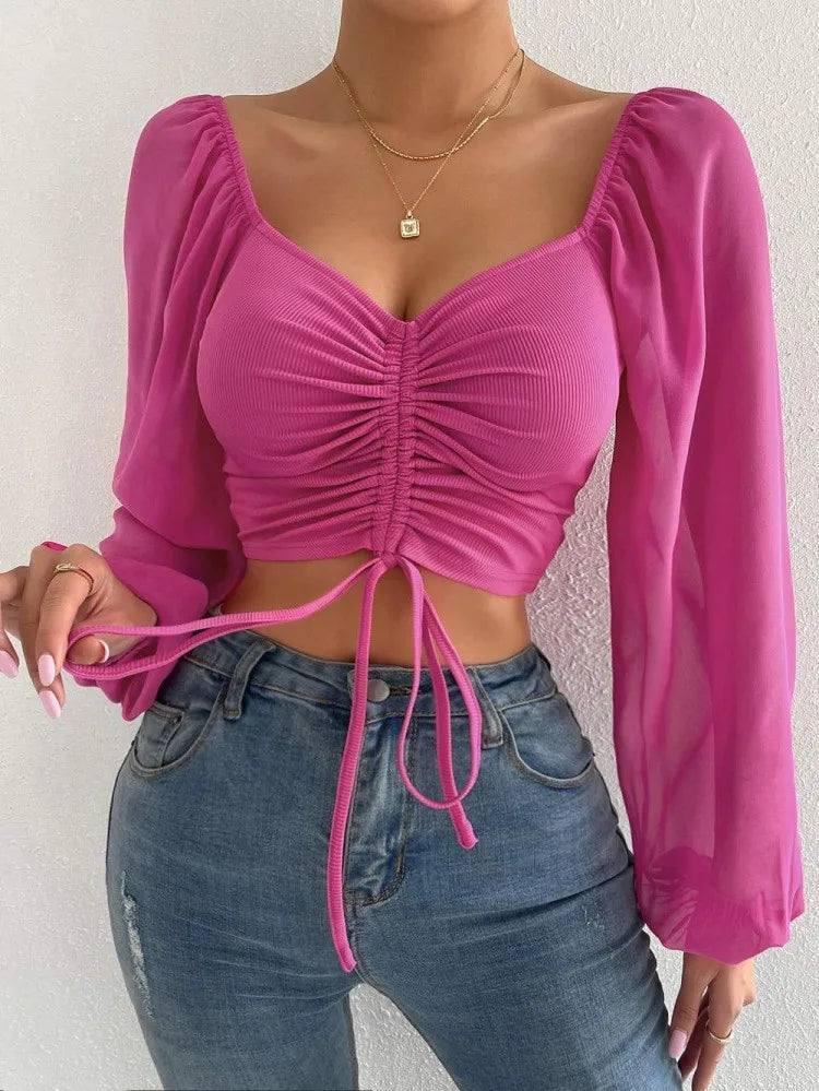 2023 Woman’s Tops Puff Sleeve Sexy Close-Fitting Summer and-Rose Red-15