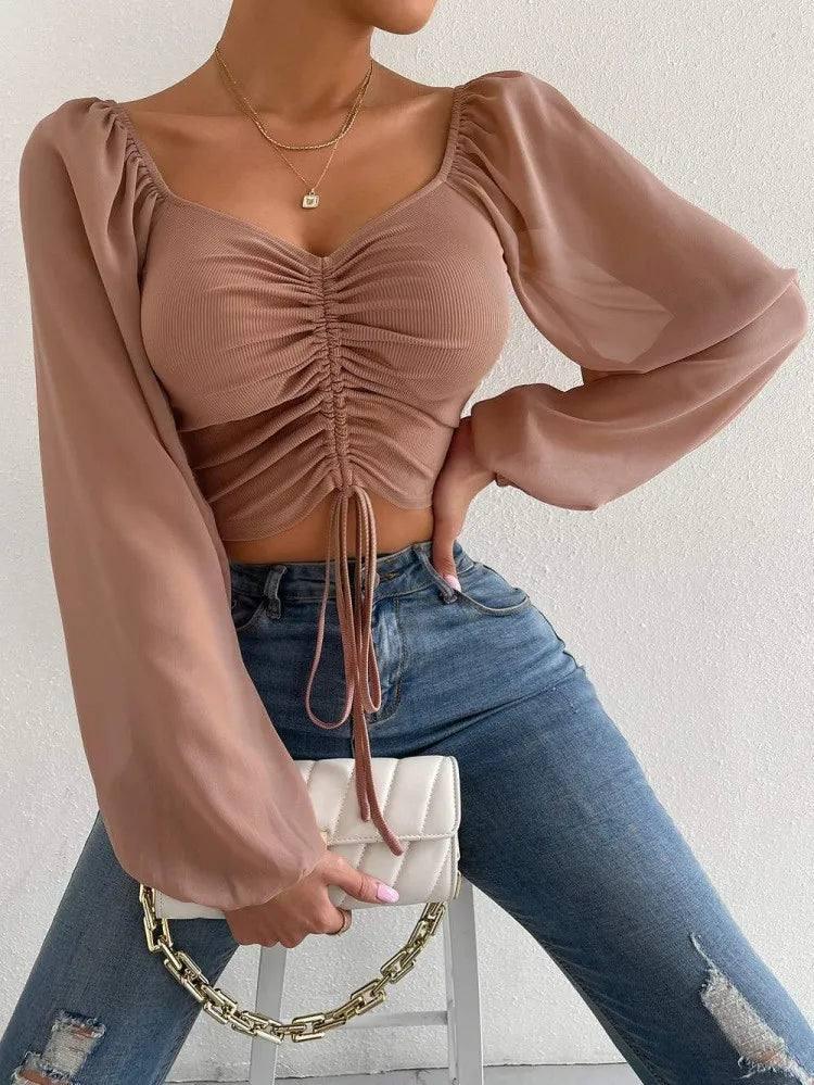 2023 Woman’s Tops Puff Sleeve Sexy Close-Fitting Summer and-Khaki-6