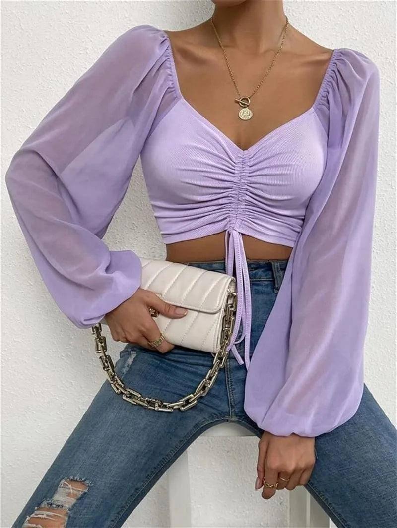 2023 Woman’s Tops Puff Sleeve Sexy Close-Fitting Summer and-Dark Purple-9