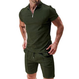 2Pcs Casual Waffle Suit Summer Zipper Lapel Short-sleeved-Army Green-3