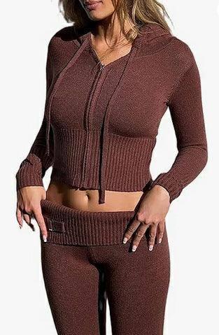 2pcs Knitted Hooded Suits Women's Long-sleeved Cardigan And-Brown-9