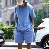 2pcs Loose Sports Suits Summer Round Neck Short-sleeved-Sky Blue-8