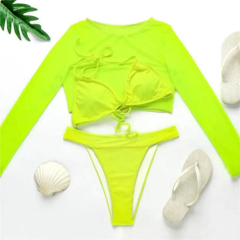 3 Piece Neon Green Bikini Swimsuit Women Long Sleeve-1