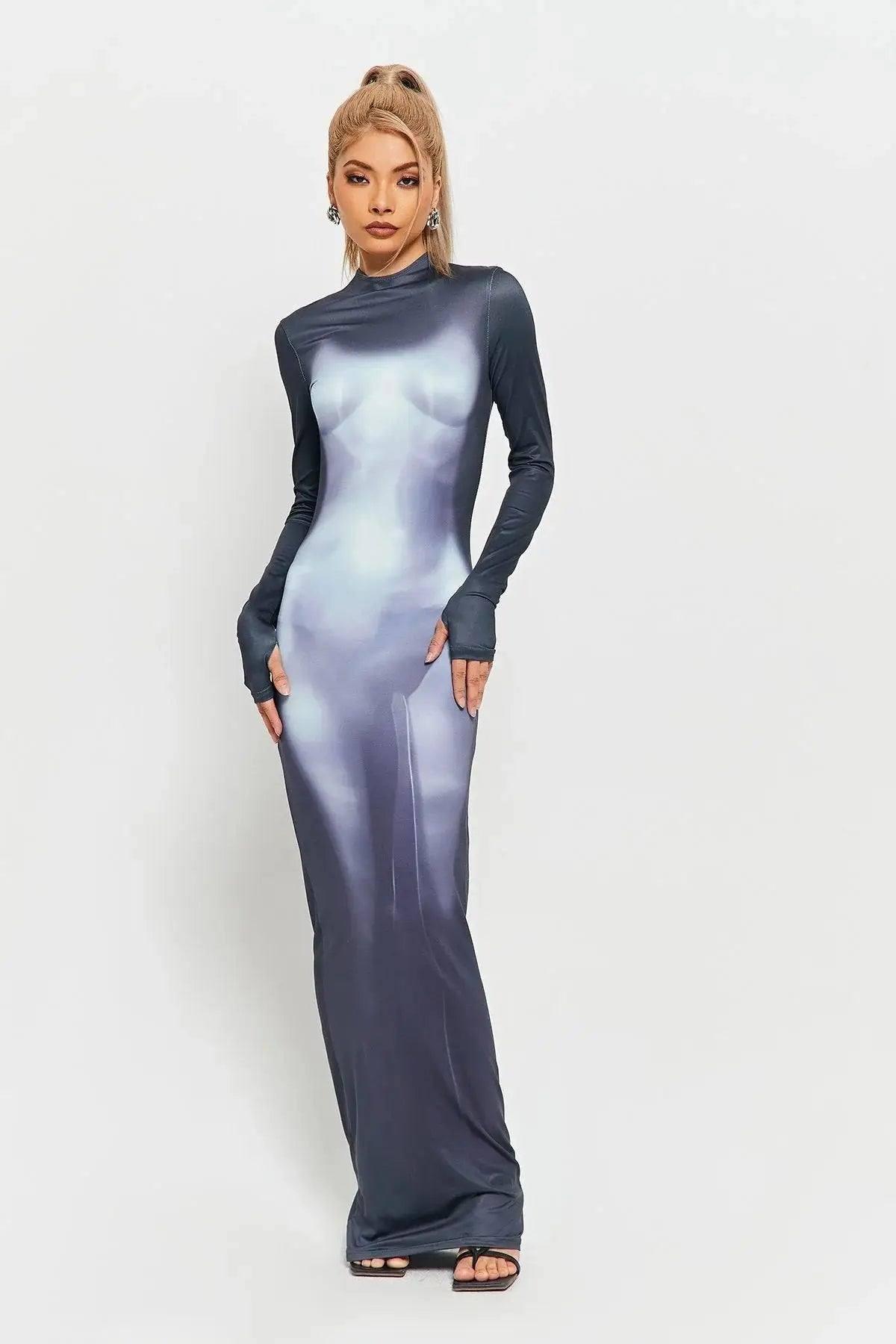 3D Body Printing Super Long Sleeve Body Robe Party Dress-Blue-5