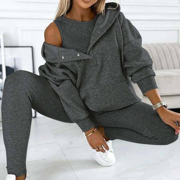 3pcs Women's Sports Suit Loose Hooded Pockets Sweatshirt And-2