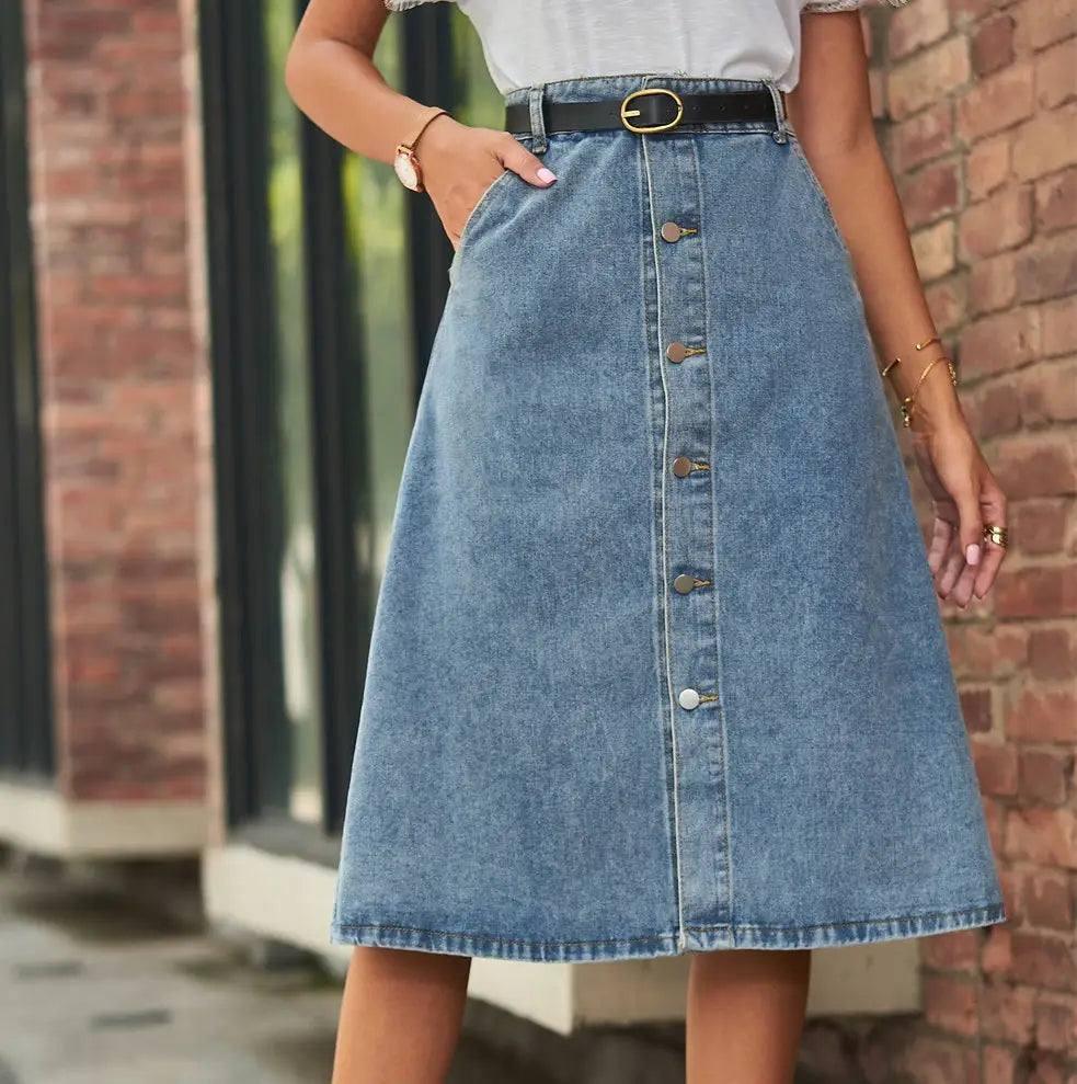 All-matching Slimming Washed Denim Breasted Skirt Women-1