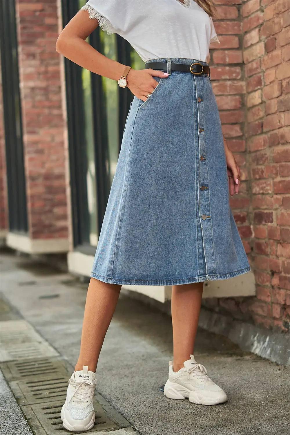 All-matching Slimming Washed Denim Breasted Skirt Women-3