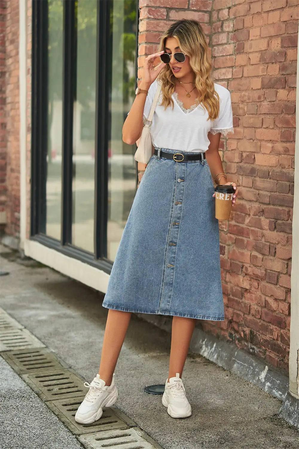All-matching Slimming Washed Denim Breasted Skirt Women-4