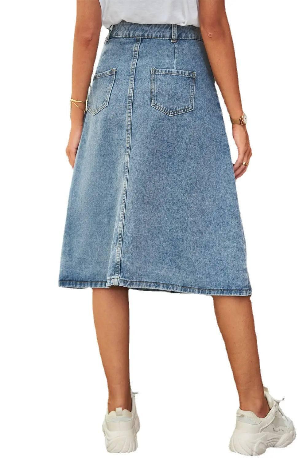 All-matching Slimming Washed Denim Breasted Skirt Women-Blue-5