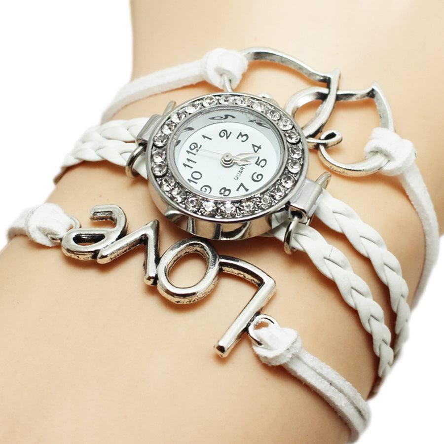 Alloy Love Double Heart-shaped Love Woven Multi-layer Watch-Pure White-3