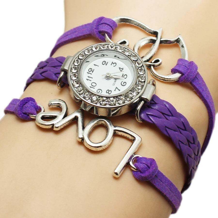 Alloy Love Double Heart-shaped Love Woven Multi-layer Watch-Mysterious Purple-5