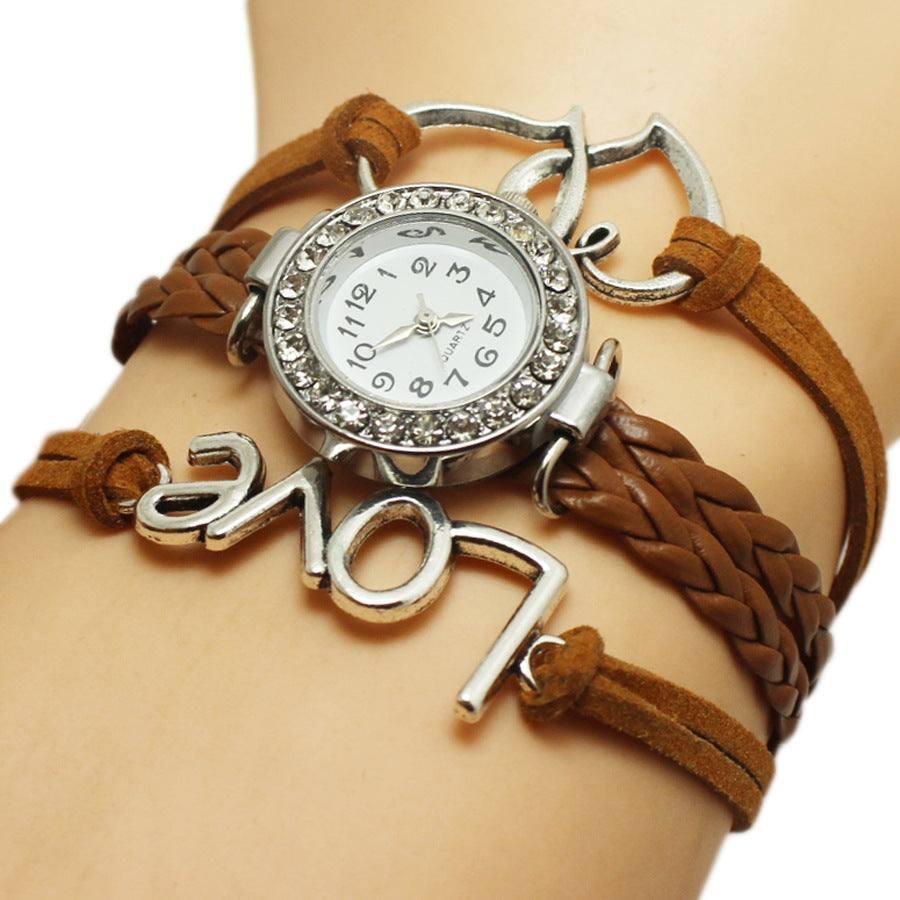 Alloy Love Double Heart-shaped Love Woven Multi-layer Watch-Light Brown-7