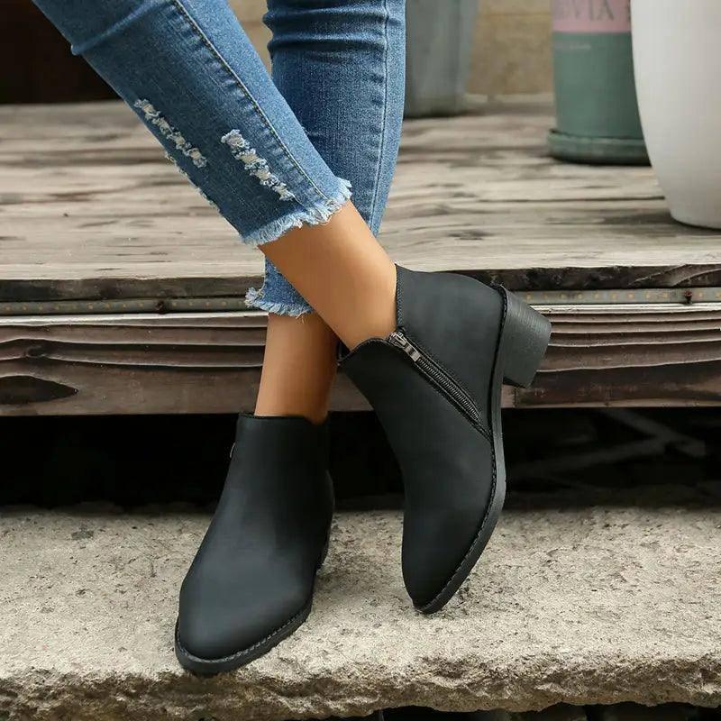 Ankle Boots Women Chunky Mid Heel Shoes Waterproof Side-8