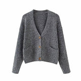 Autumn And Winter Buttoned V-neck Sweater Coat-Grey-4