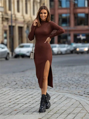 Autumn And Winter Dresses Sexy Round Neck Slim Solid Color-4