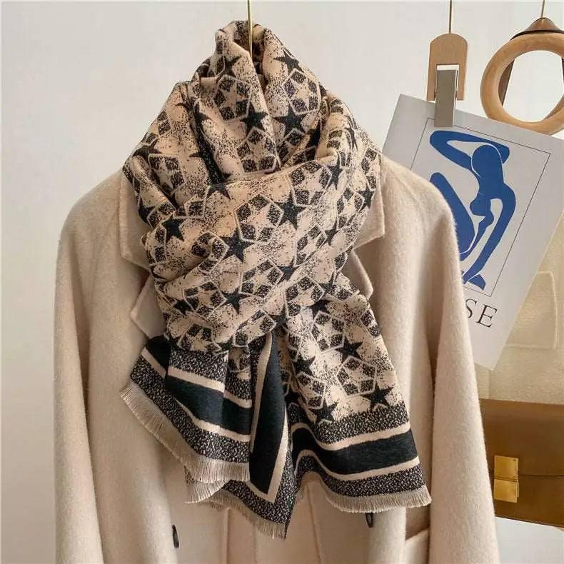 Autumn And Winter Five-pointed Star Warm Scarf Female Long-Black Beige-1