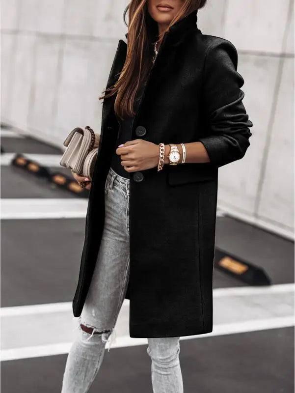 Autumn and winter simple long-sleeved button Nizi coat coat-Black-1