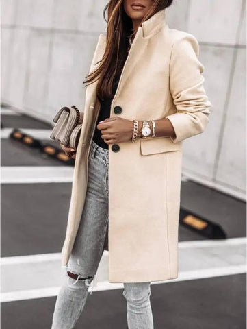 Autumn and winter simple long-sleeved button Nizi coat coat-Offwhite-4