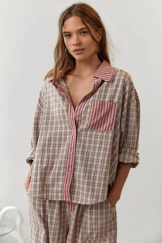 Autumn Women's Clothing Casual Homewear Plaid Shirt Outfit-5