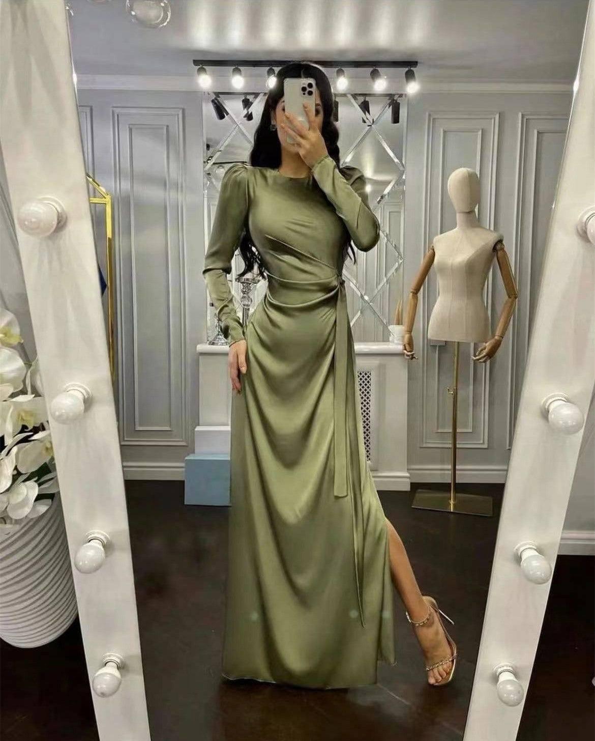 Beautiful Waist Fitting Irregular Dress-Green-7
