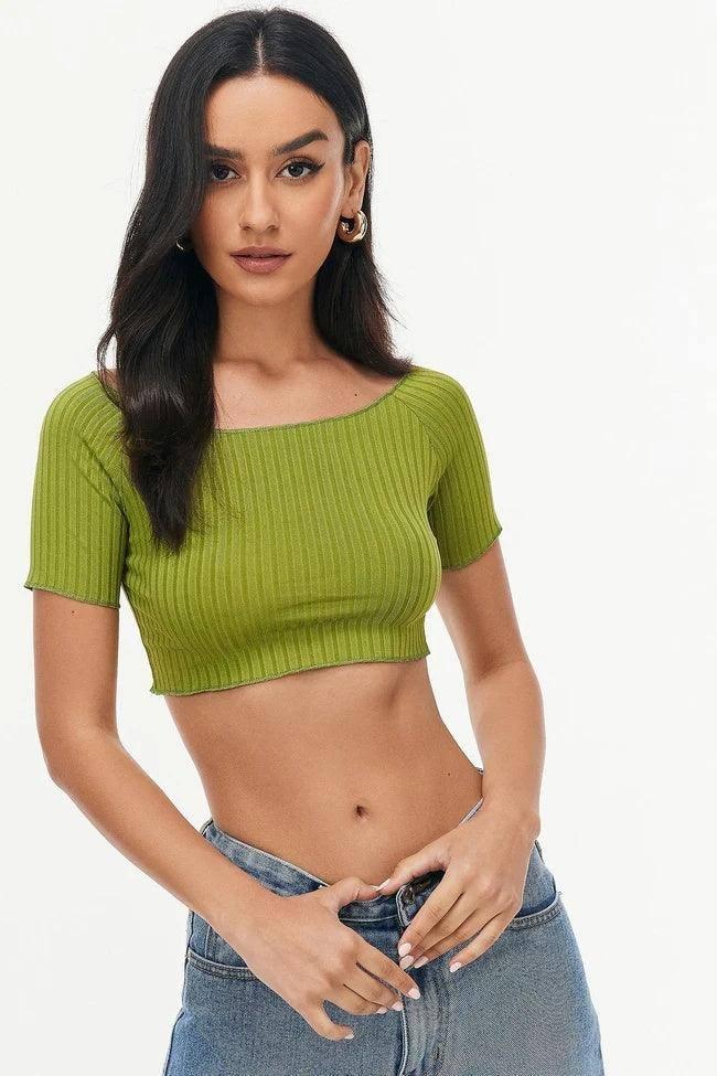 Beauty -umbilical Short -sleeved Sexy Thread Short Top-Green-8