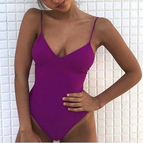 Bikini Solid Color Siamese Swimwear Women Sexy Bikini-Purple-3
