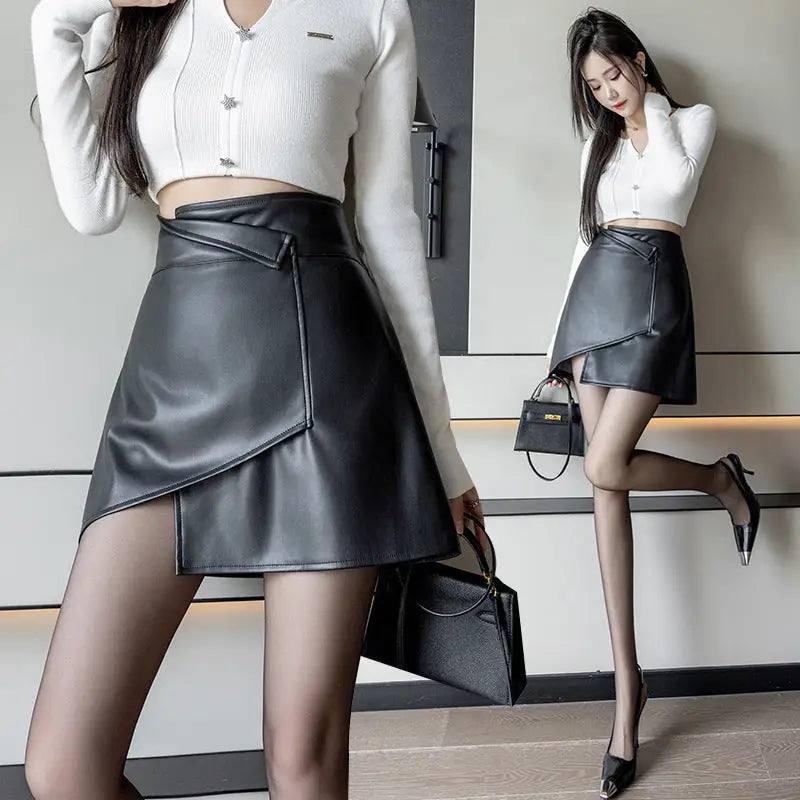 Black Irregular Small Leather Skirt Half Body-6